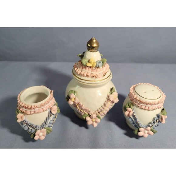 Mini Sugar Shaker Toothpick Holder Vintage Rose Garden Trinket Porcelain Set - Picture 2 of 11